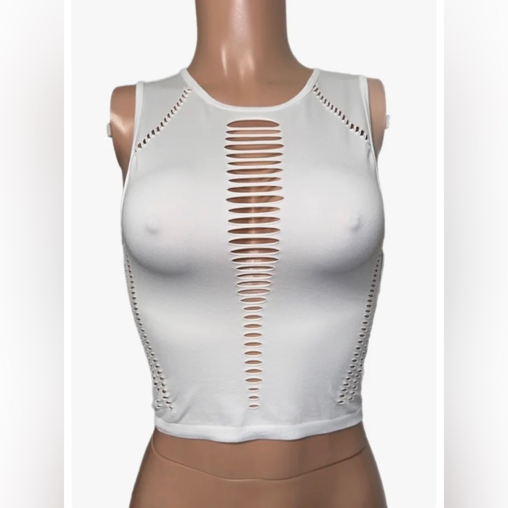 Y2K White Seamless Slim Fit Stretchy Cut Out Slash Cleavage Top Party Steampunk
